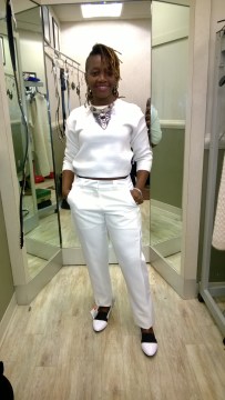 All White  Look: Inspired by Solange Knowles' choice of color for her wedding  but resulted in  a Janelle' Mona type vibe as I went  went for the crisp snowflake color  of winter paired with  black and white loafers. 