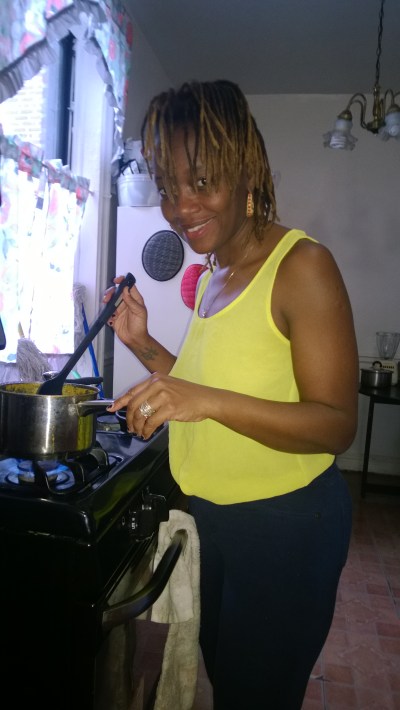 Curried chick peas and potatoes smell so good and  the  peppery flavor of the scotch bonnet peppers gives it  a kick.